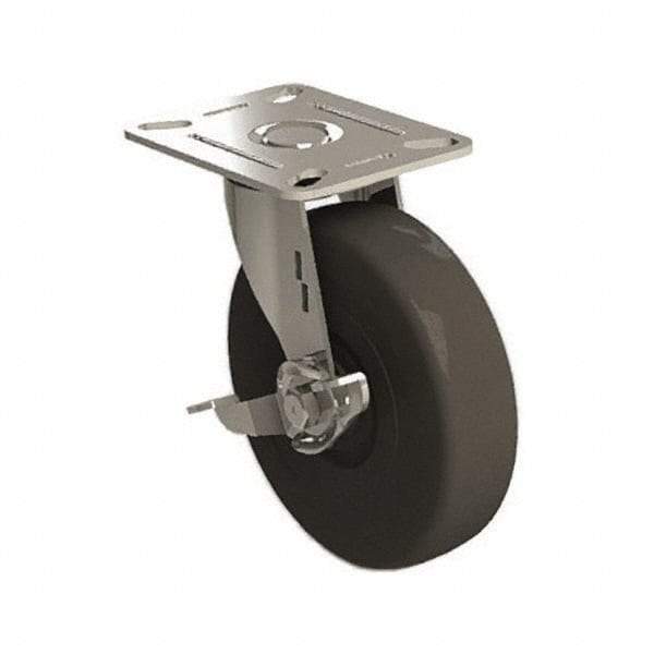 E.R. Wagner - 5" Diam x 1-1/4" Wide x 5-5/8" OAH Top Plate Mount Swivel Caster with Brake - Soft Rubber, 190 Lb Capacity, 3-1/8 x 4-1/8" Plate - Eagle Tool & Supply