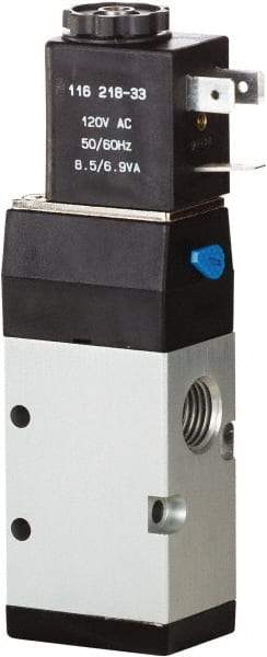 ARO/Ingersoll-Rand - 1/4" Inlet x 1/4" Outlet, Single Solenoid Actuator, Spring Return, 2 Position, Body Ported Solenoid Air Valve - 24 VDC Input, 0.7 CV, 3 Way, 115 psi, 122° Max Temp, 15° Min Temp - Eagle Tool & Supply