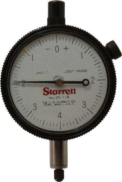 Starrett - 0.02" Range, 0-4-0 Dial Reading, 0.0001" Graduation Dial Drop Indicator - 2-1/4" Dial, 0.008" Range per Revolution - Eagle Tool & Supply