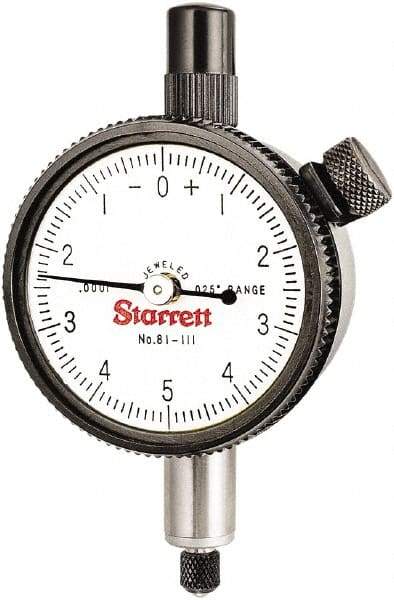 Starrett - 0.025" Range, 0-5-0 Dial Reading, 0.0001" Graduation Dial Drop Indicator - 1-11/16" Dial, 0.01" Range per Revolution - Eagle Tool & Supply