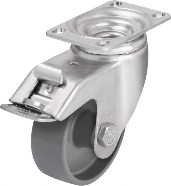 Blickle - 3-1/2" Diam x 1-1/4" Wide x 4-11/16" OAH Top Plate Mount Swivel Caster with Brake - Impact-Resistant Nylon, 400 Lb Capacity, Plain Bore Bearing, 3-5/8 x 2-1/2" Plate - Eagle Tool & Supply