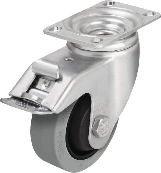 Blickle - 4" Diam x 1-3/8" Wide x 5-1/8" OAH Top Plate Mount Swivel Caster with Brake - Solid Rubber, 400 Lb Capacity, Ball Bearing, 3-5/8 x 2-1/2" Plate - Eagle Tool & Supply