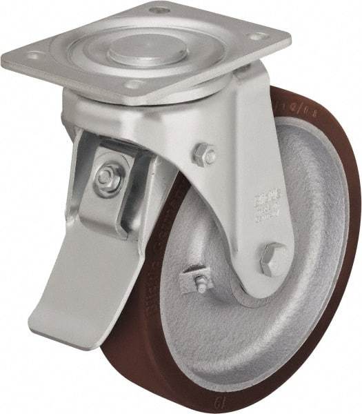 Blickle - 4" Diam x 1-31/32" Wide x 5-33/64" OAH Top Plate Mount Swivel Caster with Brake - Polyurethane-Elastomer Blickle Softhane, 880 Lb Capacity, Ball Bearing, 5-1/2 x 4-3/8" Plate - Eagle Tool & Supply