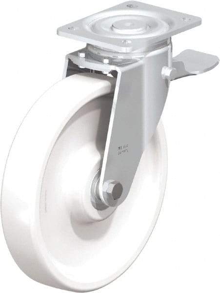 Blickle - 10" Diam x 1-31/32" Wide x 11-39/64" OAH Top Plate Mount Swivel Caster with Brake - Impact-Resistant Nylon, 1,980 Lb Capacity, Ball Bearing, 5-1/2 x 4-3/8" Plate - Eagle Tool & Supply