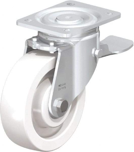 Blickle - 6-1/2" Diam x 1-31/32" Wide x 7-3/4" OAH Top Plate Mount Swivel Caster with Brake - Impact-Resistant Nylon, 1,870 Lb Capacity, Ball Bearing, 5-1/2 x 4-3/8" Plate - Eagle Tool & Supply