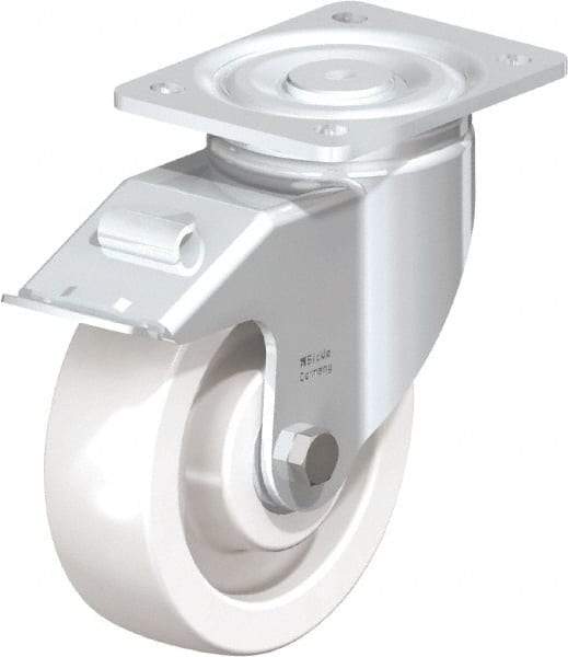 Blickle - 6-1/2" Diam x 1-31/32" Wide x 7-3/4" OAH Top Plate Mount Swivel Caster with Brake - Impact-Resistant Nylon, 1,870 Lb Capacity, Ball Bearing, 5-1/2 x 4-3/8" Plate - Eagle Tool & Supply