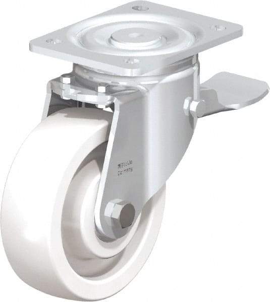Blickle - 6" Diam x 1-31/32" Wide x 7-3/4" OAH Top Plate Mount Swivel Caster with Brake - Impact-Resistant Nylon, 1,760 Lb Capacity, Ball Bearing, 5-1/2 x 4-3/8" Plate - Eagle Tool & Supply