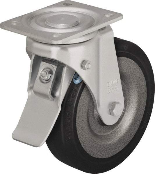 Blickle - 6-1/2" Diam x 1-31/32" Wide x 7-61/64" OAH Top Plate Mount Swivel Caster with Brake - Solid Rubber, 990 Lb Capacity, Ball Bearing, 5-1/2 x 4-3/8" Plate - Eagle Tool & Supply