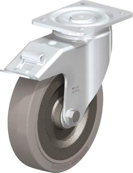 Blickle - 8" Diam x 1-31/32" Wide x 9-41/64" OAH Top Plate Mount Swivel Caster with Brake - Solid Rubber, 1,320 Lb Capacity, Ball Bearing, 5-1/2 x 4-3/8" Plate - Eagle Tool & Supply