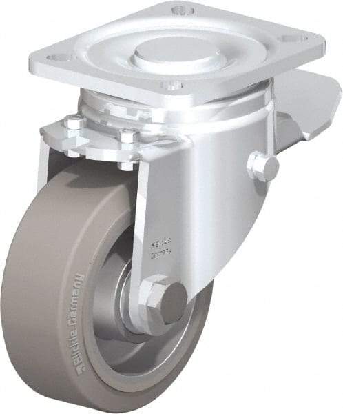 Blickle - 4" Diam x 1-9/16" Wide x 5-33/64" OAH Top Plate Mount Swivel Caster with Brake - Solid Rubber, 440 Lb Capacity, Ball Bearing, 3-15/16 x 3-3/8" Plate - Eagle Tool & Supply