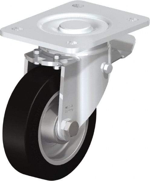 Blickle - 5" Diam x 1-9/16" Wide x 6-1/2" OAH Top Plate Mount Swivel Caster with Brake - Solid Rubber, 550 Lb Capacity, Ball Bearing, 5-1/2 x 4-3/8" Plate - Eagle Tool & Supply