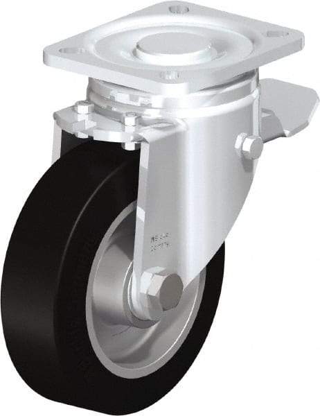 Blickle - 5" Diam x 1-9/16" Wide x 6-1/2" OAH Top Plate Mount Swivel Caster with Brake - Solid Rubber, 550 Lb Capacity, Ball Bearing, 3-15/16 x 3-3/8" Plate - Eagle Tool & Supply