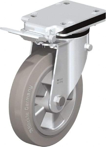Blickle - 8" Diam x 1-31/32" Wide x 10-5/16" OAH Top Plate Mount Swivel Caster with Brake - Solid Rubber, 1,100 Lb Capacity, Ball Bearing, 5-1/2 x 4-3/8" Plate - Eagle Tool & Supply