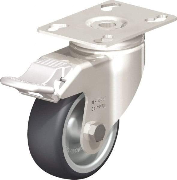 Blickle - 3" Diam x 1-1/4" Wide x 4-3/8" OAH Top Plate Mount Swivel Caster with Brake - Thermoplastic Rubber Elastomer (TPE), 220 Lb Capacity, Plain Bore Bearing, 3-9/16 x 2-5/8" Plate - Eagle Tool & Supply