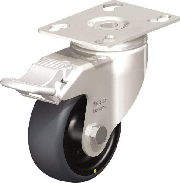 Blickle - 3" Diam x 1-1/4" Wide x 4-3/8" OAH Top Plate Mount Swivel Caster with Brake - Thermoplastic Rubber Elastomer (TPE), 143 Lb Capacity, Plain Bore Bearing, 3-9/16 x 2-5/8" Plate - Eagle Tool & Supply