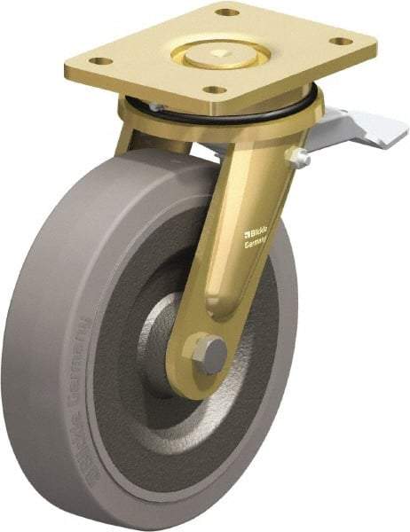 Blickle - 8" Diam x 1-31/32" Wide x 9-41/64" OAH Top Plate Mount Swivel Caster with Brake - Solid Rubber, 1,320 Lb Capacity, Ball Bearing, 5-1/2 x 4-3/8" Plate - Eagle Tool & Supply