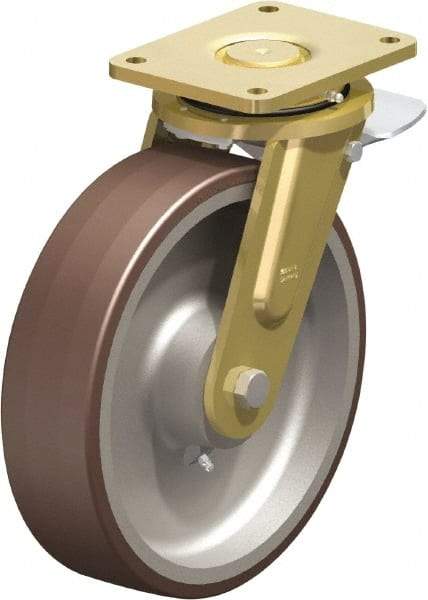 Blickle - 12" Diam x 3-9/64" Wide x 13-31/32" OAH Top Plate Mount Swivel Caster with Brake - Polyurethane-Elastomer Blickle Besthane, 5,280 Lb Capacity, Ball Bearing, 6-7/8 x 5-1/2" Plate - Eagle Tool & Supply
