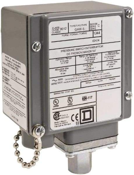 Square D - 4, 13 and 4X NEMA Rated, SPDT, 3 to 150 psi, Electromechanical Pressure and Level Switch - Fixed Pressure, 120 VAC at 6 Amp, 125 VDC at 0.22 Amp, 240 VAC at 3 Amp, 250 VDC at 0.27 Amp, 1/2 Inch Connector, Screw Terminal, For Use with 9012G - Eagle Tool & Supply