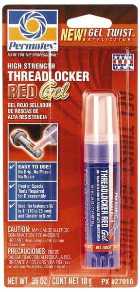 Permatex - 10 Gal Tube, Red, High Strength Gel Threadlocker - Series 270, 24 hr Full Cure Time, Hand Tool, Heat Removal - Eagle Tool & Supply