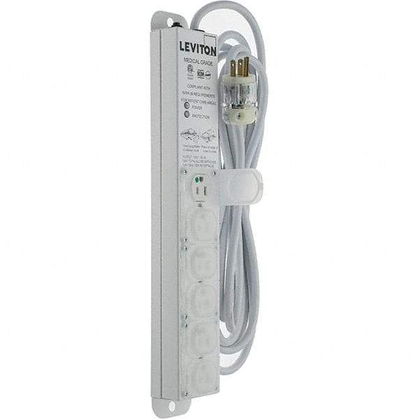 Leviton - 6 Outlets, 125 VAC15 Amps, 15' Cord, Surge Power Outlet Strip - Wall/Surface Mount, 5-20 NEMA Configuration, 1-1/4' Strip, UL 60601-1 - Eagle Tool & Supply