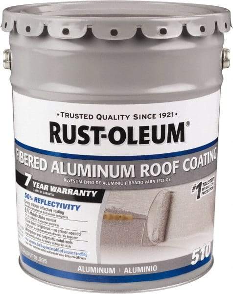Rust-Oleum - 5 Gal Pail Aluminum Fibered Aluminum Roof Coating - 50 Sq Ft/Gal Coverage, 459 g/L VOC Content, Mildew Resistant, Long Term Durability & Weather Resistance - Eagle Tool & Supply