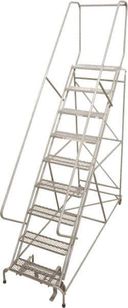 Cotterman - 120" 9 Step Rolling Warehouse Ladder - 50° Incline, 450 Lb Capacity, 90" Platform Height, 34" Base Width x 88" Base Depth, Perforated Tread - Eagle Tool & Supply