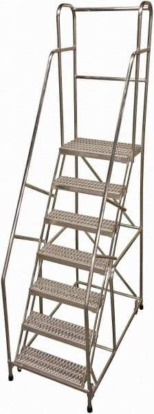Cotterman - 100" 7 Step Rolling Warehouse Ladder - Rolling Safety Ladder, 350 Lb Capacity, 70" Platform Height, 30" Base Width x 57" Base Depth, Serrated - Eagle Tool & Supply