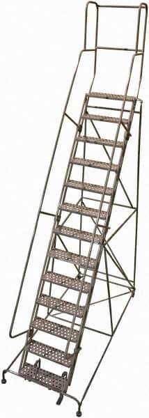 Cotterman - 172" 13 Step Rolling Warehouse Ladder - 50° Incline, 450 Lb Capacity, 130" Platform Height, 44" Base Width x 125" Base Depth, Perforated Tread - Eagle Tool & Supply