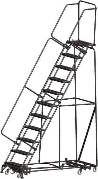 Ballymore - 143" 11 Step Rolling Warehouse Ladder - Lock Step Rolling Safety Ladder, 450 Lb Capacity, 110" Platform Height, 32" Base Width x 80" Base Depth, Perforated Tread - Eagle Tool & Supply