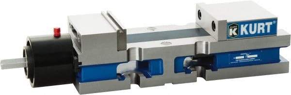 Kurt - 4" Jaw Width, 6" Jaw Opening Capacity, Horizontal Stationary Machine Vise - Reverse Hydraulic Operation, 7,800 Lb Capacity, 1 Station, 13.985" Long x 3.4900" High x 1-15/64" Deep, 1.235" Jaw Height, Ductile Iron - Eagle Tool & Supply