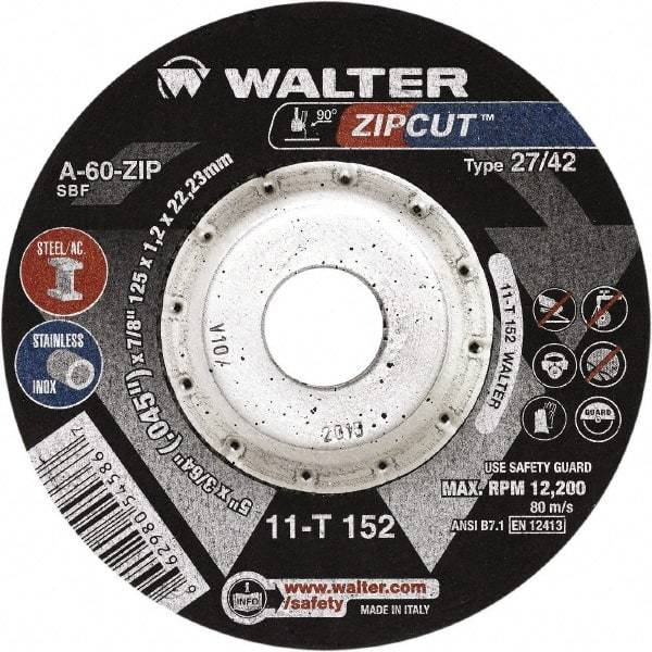 WALTER Surface Technologies - 60 Grit, 4-1/2" Wheel Diam, 3/64" Wheel Thickness, 7/8" Arbor Hole, Type 27 Depressed Center Wheel - Aluminum Oxide, Resinoid Bond, 13,300 Max RPM, Compatible with Angle Grinder - Eagle Tool & Supply