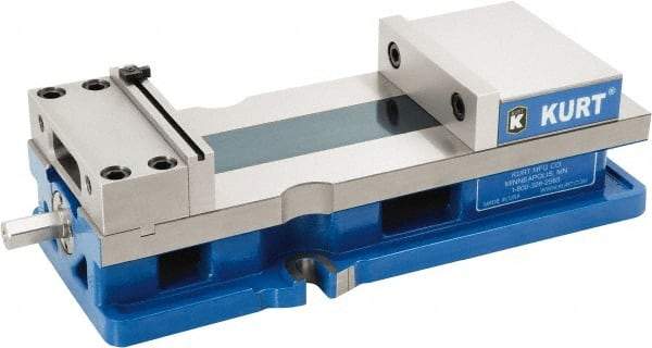 Kurt - 6" Jaw Width, 9" Jaw Opening Capacity, Horizontal Stationary Machine Vise - Reverse Manual Operation, 1 Station, 18.385" Long x 4.86" High x 1-47/64" Deep, 1.735" Jaw Height, 12,600 Lb Max Clamp Force, Ductile Iron - Eagle Tool & Supply