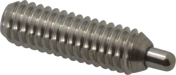 Vlier - 5/16-18, 1" Thread Length, 3/16" Plunger Projection, Stainless Steel Threaded Spring Plunger - 0.133 - 0.135" Max Plunger Diam, 1" Plunger Length, 3 Lb Init End Force, 15 Lb Final End Force, 0.093" Hex - Eagle Tool & Supply