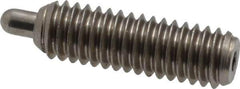 Vlier - 5/16-18, 1" Thread Length, 3/16" Plunger Projection, Stainless Steel Threaded Spring Plunger - 0.133 - 0.135" Max Plunger Diam, 1" Plunger Length, 3 Lb Init End Force, 15 Lb Final End Force, 0.093" Hex - Eagle Tool & Supply