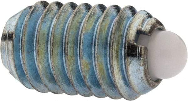 Vlier - 3/8-16, 5/8" Thread Length, 0.11" Plunger Projection, Stainless Steel Threaded Spring Plunger - 0.186" Max Plunger Diam, 0.625" Plunger Length, 4.5 Lb Init End Force, 18.5 Lb Final End Force - Eagle Tool & Supply