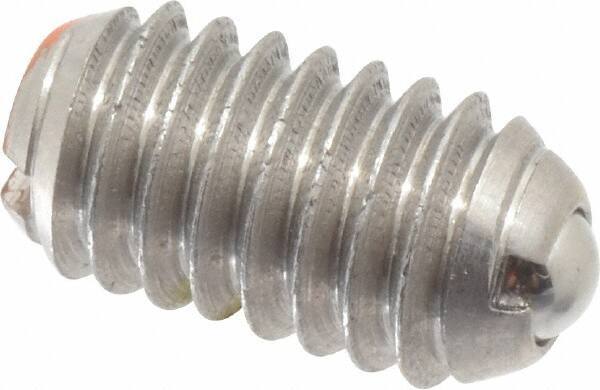 Vlier - 5/16-18, 0.156" Ball Diam, 0.578" Body Length, 0.04" Max Ball Reach, Threaded Ball Plunger - Stainless Steel Body, Stainless Steel Ball, 6 Lb Initial End Force, 17 Lb Final End Force, Locking Element - Eagle Tool & Supply
