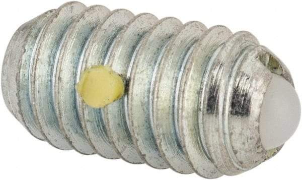 Vlier - 5/16-18, 0.156" Ball Diam, 0.578" Body Length, 0.04" Max Ball Reach, Threaded Ball Plunger - Steel Body, Nylon Ball, 2 Lb Initial End Force, 4.25 Lb Final End Force, Locking Element - Eagle Tool & Supply