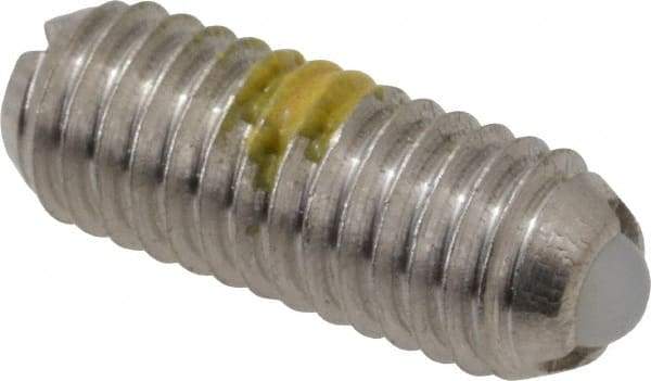 Vlier - 10-32, 0.094" Ball Diam, 0.513" Body Length, 0.025" Max Ball Reach, Threaded Ball Plunger - Stainless Steel Body, Nylon Ball, 0.5 Lb Initial End Force, 1.5 Lb Final End Force, Locking Element - Eagle Tool & Supply