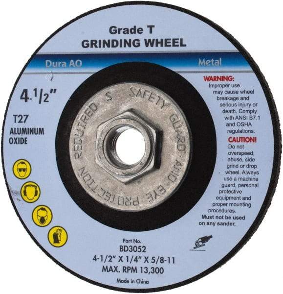 Value Collection - 24 Grit, 4-1/2" Wheel Diam, 1/4" Wheel Thickness, Type 27 Depressed Center Wheel - Aluminum Oxide, U Hardness, 13,300 Max RPM - Eagle Tool & Supply