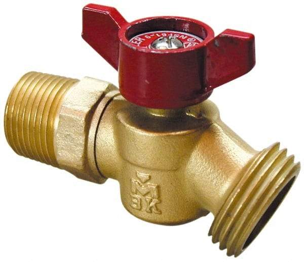 B&K Mueller - 1/2" Pipe, 125 psi WOG Rating, 1" Long Shank, Brass Hose Bibb, Stop Valve - Wing Tee Handle, MNPT/SWT x GHT End Connections - Eagle Tool & Supply