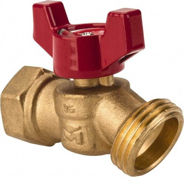B&K Mueller - 1/2" Pipe, 125 psi WOG Rating, 1/4" Long Shank, Brass Hose Bibb, Stop Valve - Wing Tee Handle, FNPT x GHT End Connections - Eagle Tool & Supply