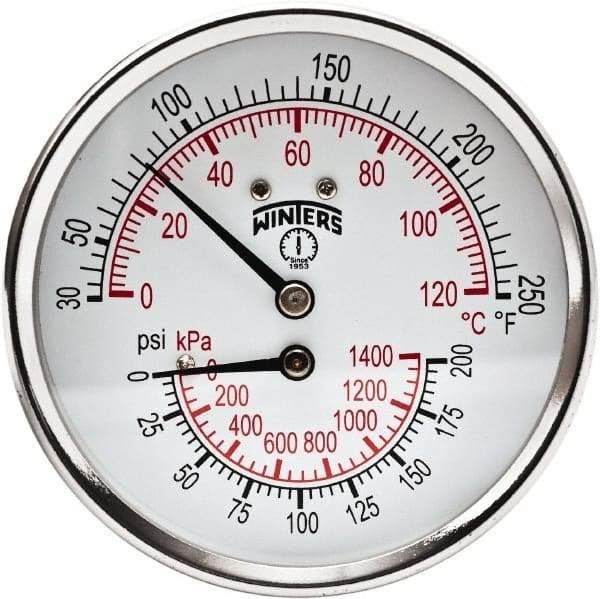 Winters - 3" Dial, 1/2 Thread, 0-200 Scale Range, Pressure Gauge - Center Back Connection Mount, Accurate to 0.03% of Scale - Eagle Tool & Supply