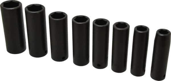 Proto - 8 Piece 1/2" Drive Black Finish Deep Well Impact Socket Set - 6 Points, 1/2" to 15/16" Range, Inch Measurement Standard - Eagle Tool & Supply