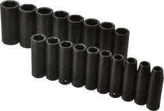 Proto - 18 Piece 1/2" Drive Black Finish Deep Well Impact Socket Set - 6 Points, 10mm to 27mm Range, Metric Measurement Standard - Eagle Tool & Supply
