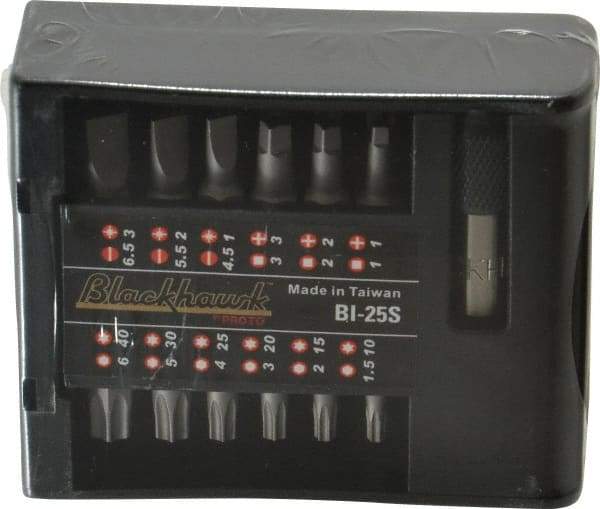 Blackhawk by Proto - 25 Piece, Screwdriver Insert Bit Set - #1, #2 & #3 Phillips, 1.5 to 6mm Hex, T10 to T40 Torx, #1, #2 & #3 Pozidriv, 5/32, 7/32 & 1/4" Slotted - Eagle Tool & Supply
