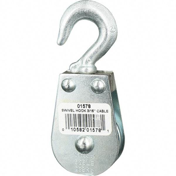 Block Division - 525 Lbs. Load Limit, Swivel Hook Block - Single Sheave, 1-1/2 Inch Outside Diameter, Wire Rope, 3/16 Inch Diameter, Eye, 3/8 Inch Inside Diameter, Carbon Steel, Zinc Plated Finish - Eagle Tool & Supply