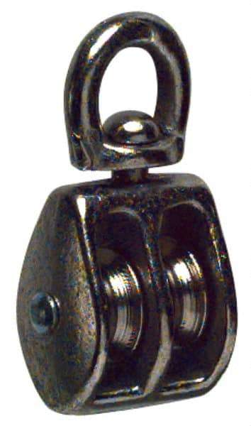 Value Collection - Swivel Eye Double Sheave Pulley - Sheave, 1 Inch Outside Diameter, Fibrous Rope, 1/4 Inch Diameter, Gray Iron, Nickel Plated Finish - Eagle Tool & Supply