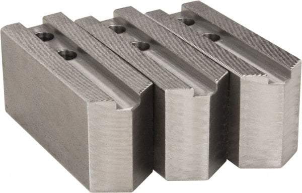 H & R Manufacturing - 1.5mm x 60° Serrated Attachment, Square Soft Lathe Chuck Jaw - 3 Jaws, Steel, 1.181" Btw Mount Hole Ctrs, 5" Long x 1-3/4" Wide x 2-1/2" High, 0.63" Groove, 12mm Fastener - Eagle Tool & Supply