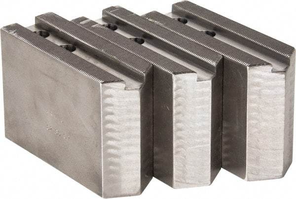H & R Manufacturing - 1.5mm x 60° Serrated Attachment, Square Soft Lathe Chuck Jaw - 3 Jaws, Steel, 1.181" Btw Mount Hole Ctrs, 5" Long x 1-3/4" Wide x 3-1/2" High, 0.63" Groove, 12mm Fastener - Eagle Tool & Supply