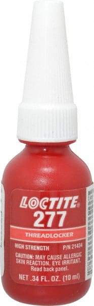 Loctite - 10 mL Bottle, Red, High Strength Liquid Threadlocker - Series 277, 24 hr Full Cure Time, Hand Tool, Heat Removal - Eagle Tool & Supply